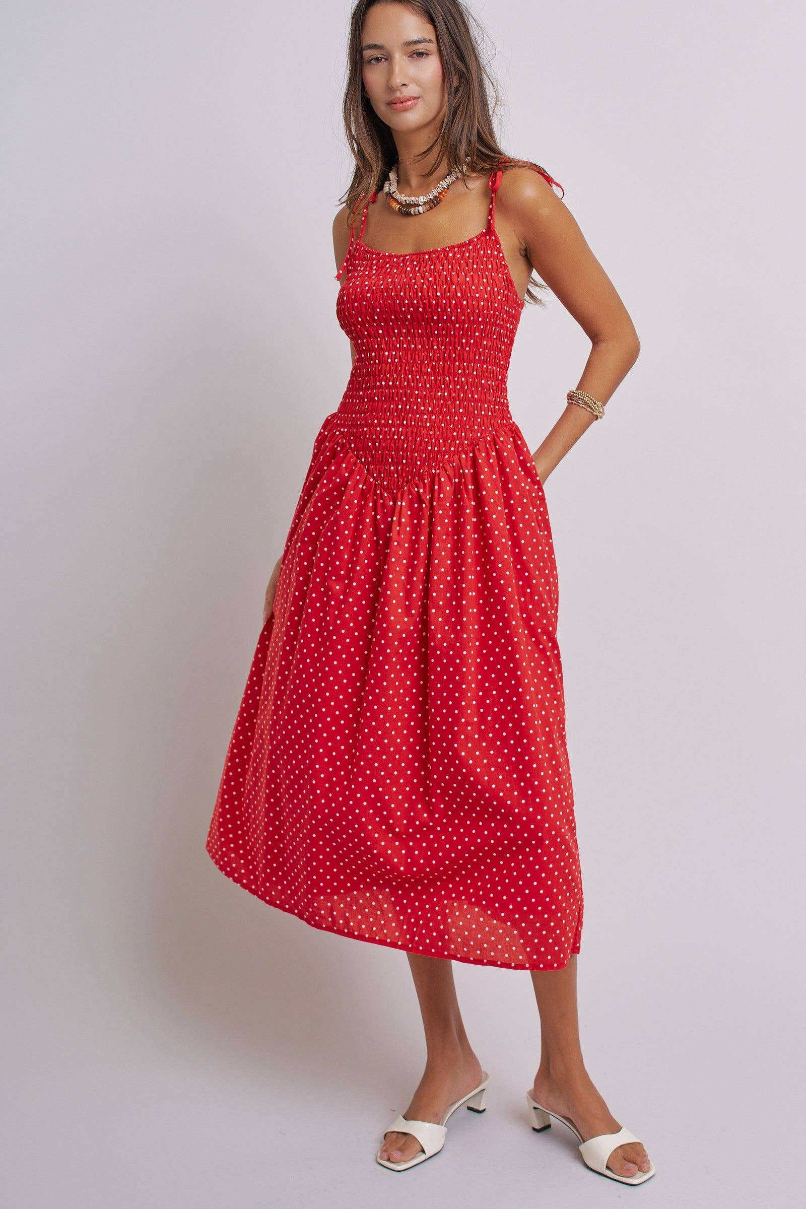 Polka Dot Smocked Cotton Midi Dress With Tie Straps