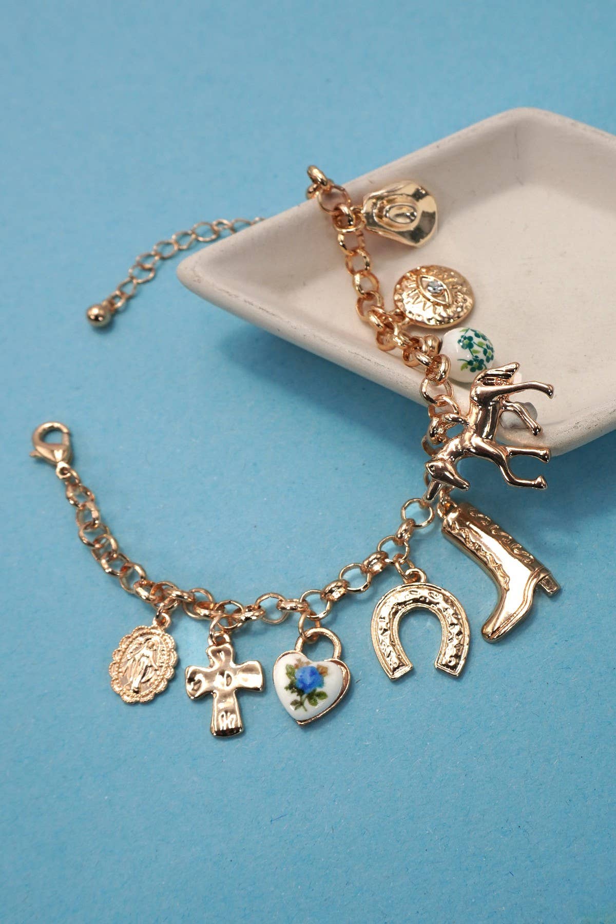 CHARM BRACELET - WESTERN BOOT CROSS PORCELAIN | 80B1345: GOLD