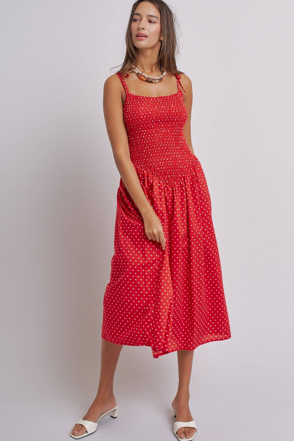 Polka Dot Smocked Cotton Midi Dress With Tie Straps