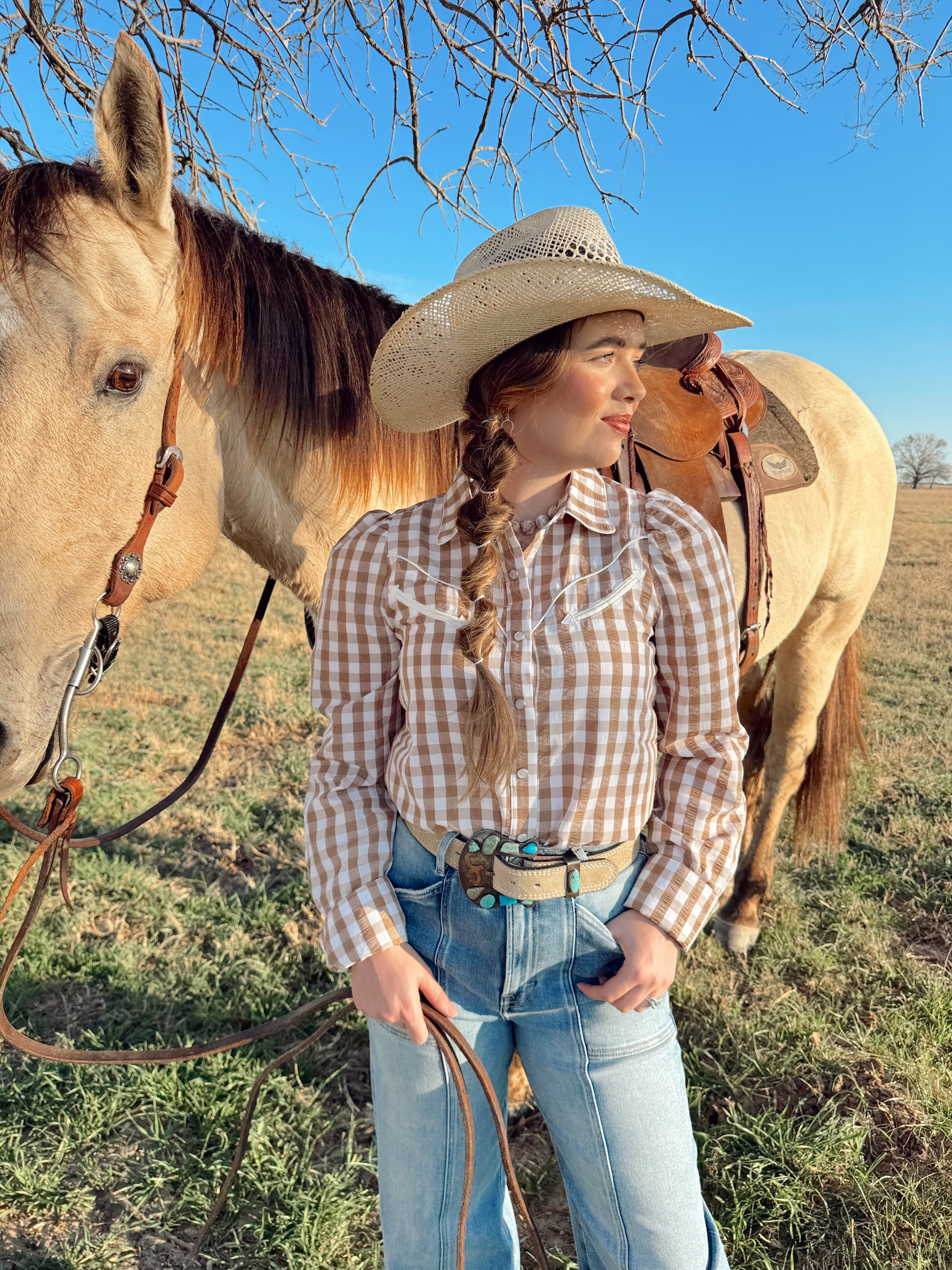 The Tan Gingham Pearl Snap Top-BEST SELLER
