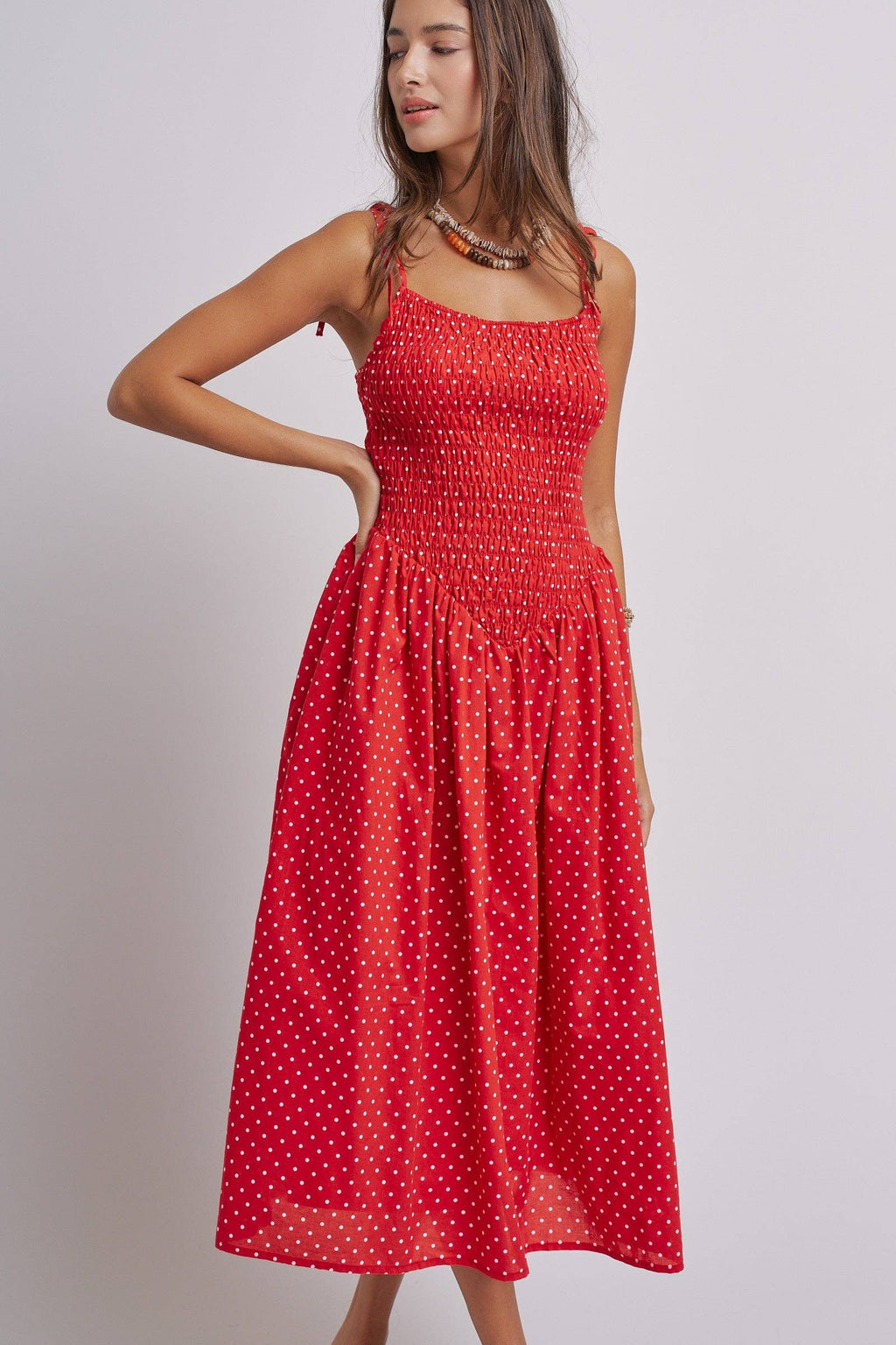 Polka Dot Smocked Cotton Midi Dress With Tie Straps