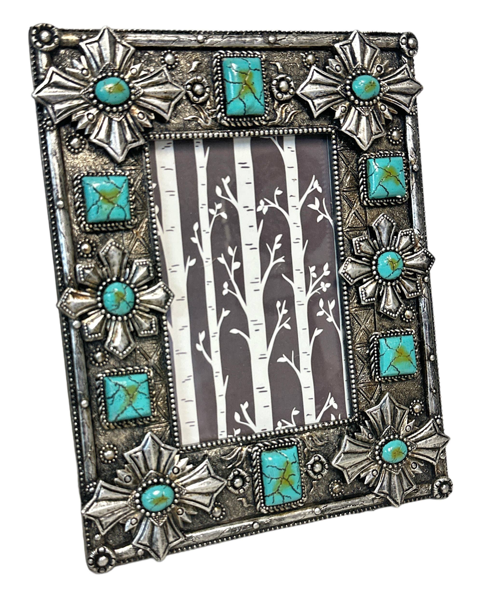 Resin Metal Concho & Turquoise Stones 6” x 4” Picture Frame