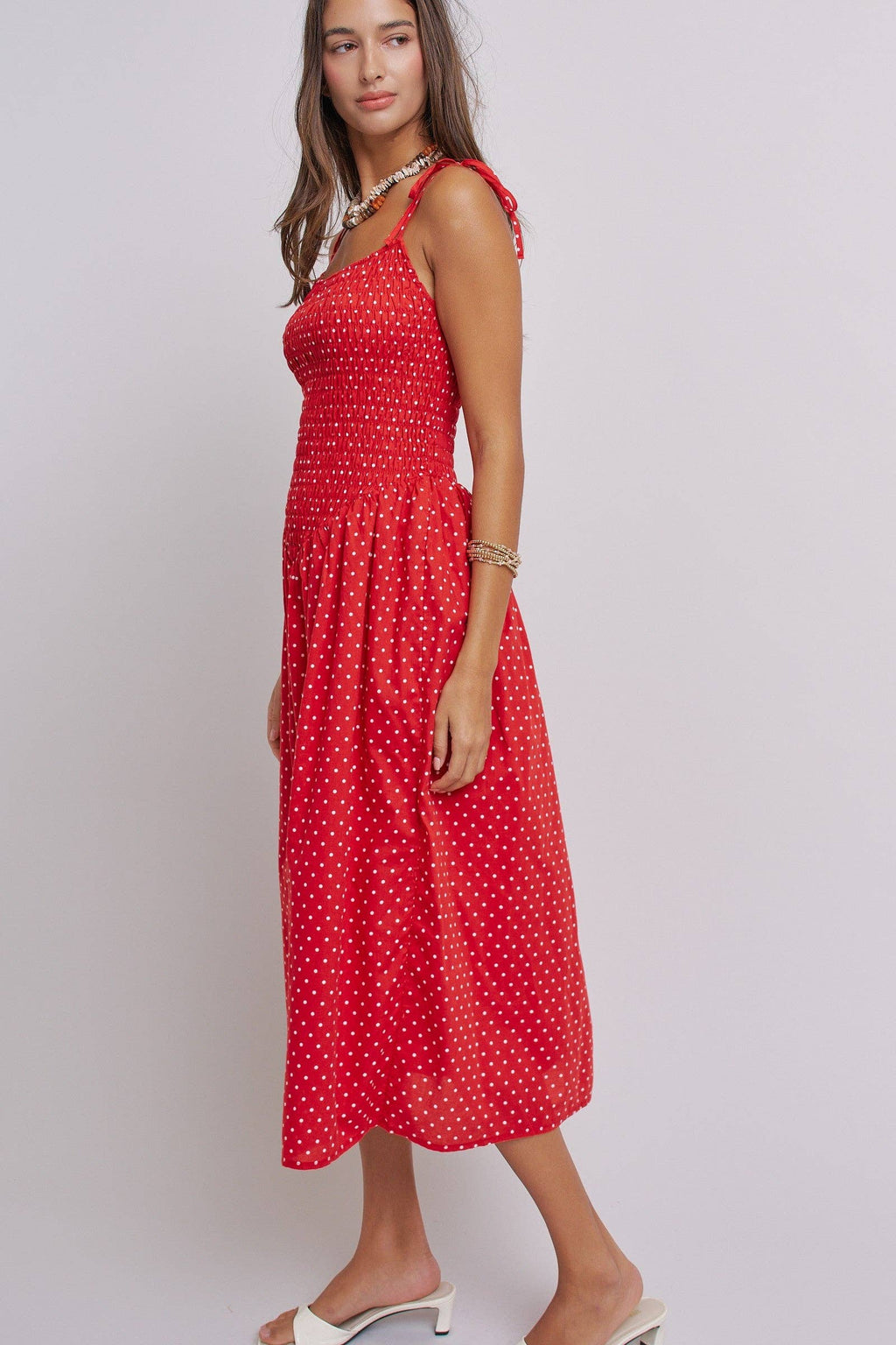 Polka Dot Smocked Cotton Midi Dress With Tie Straps