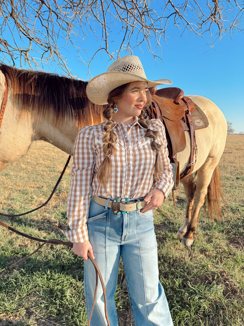 The Tan Gingham Pearl Snap Top-BEST SELLER