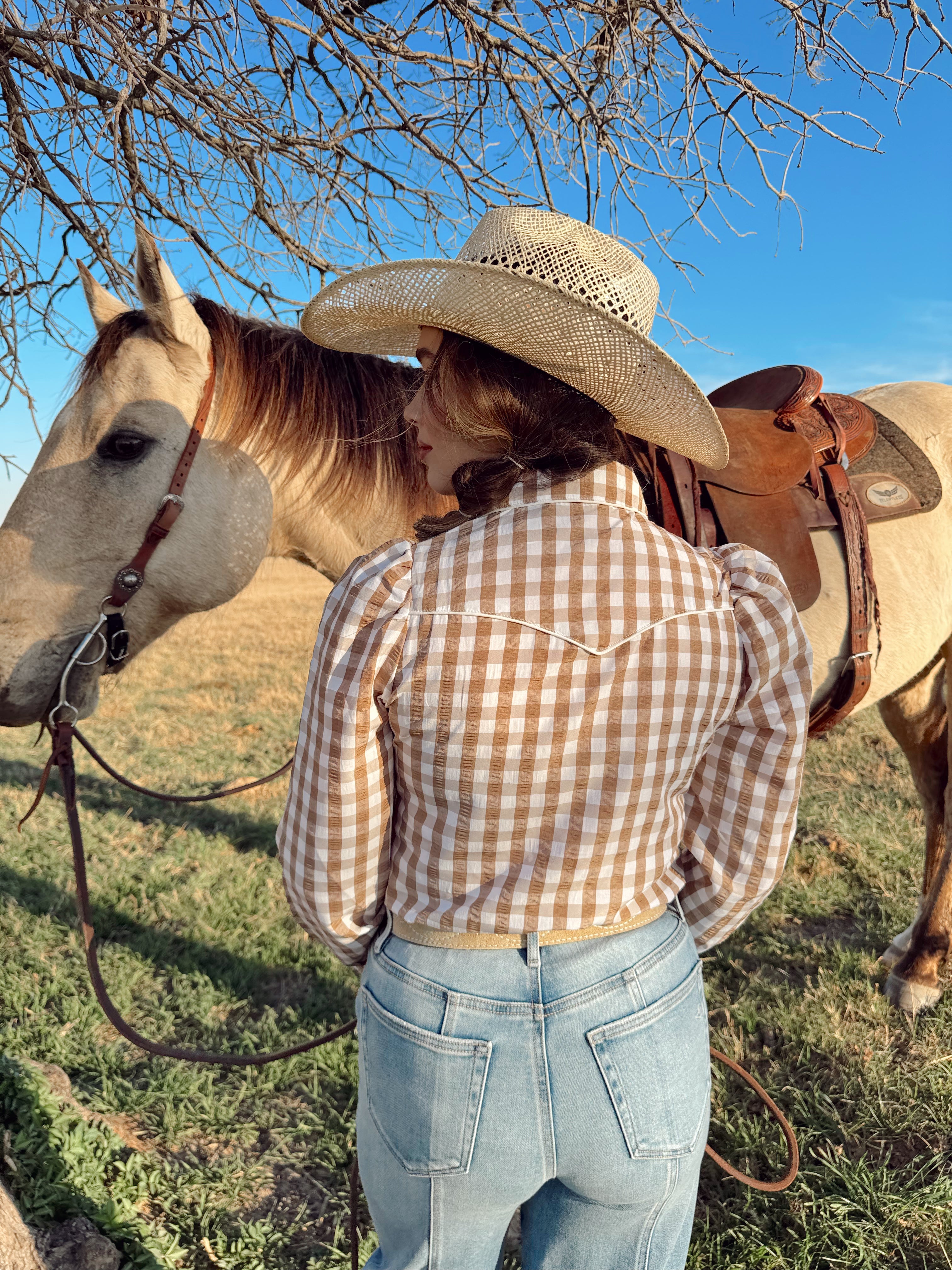 The Tan Gingham Pearl Snap Top-BEST SELLER