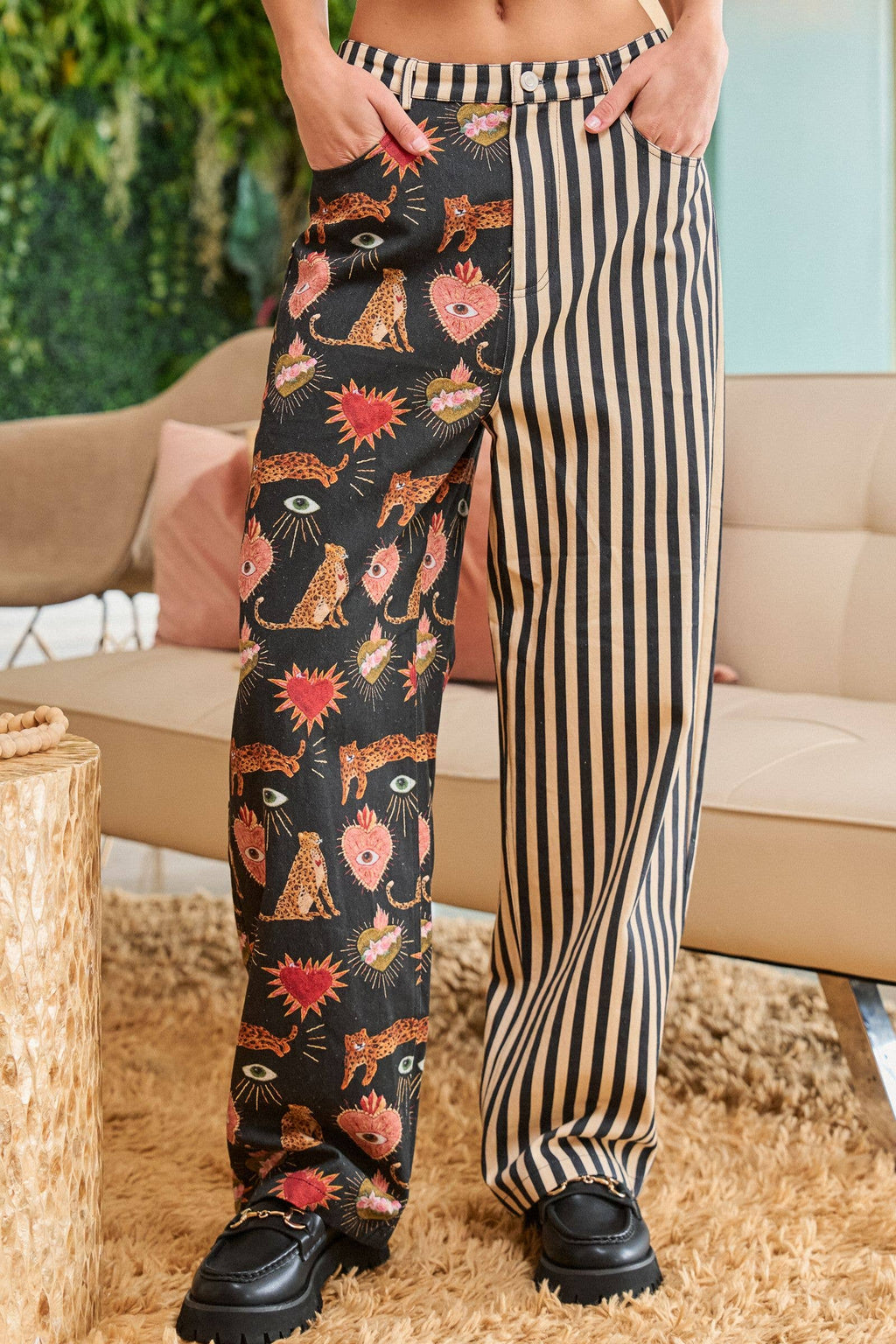 MIXED GRAPHIC & STRIPE WIDE LEG PANTS