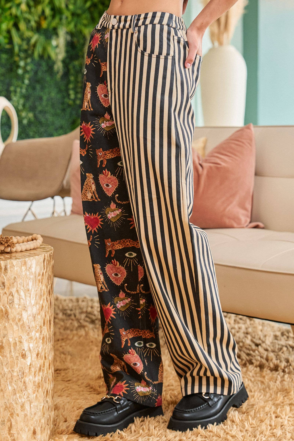 MIXED GRAPHIC & STRIPE WIDE LEG PANTS