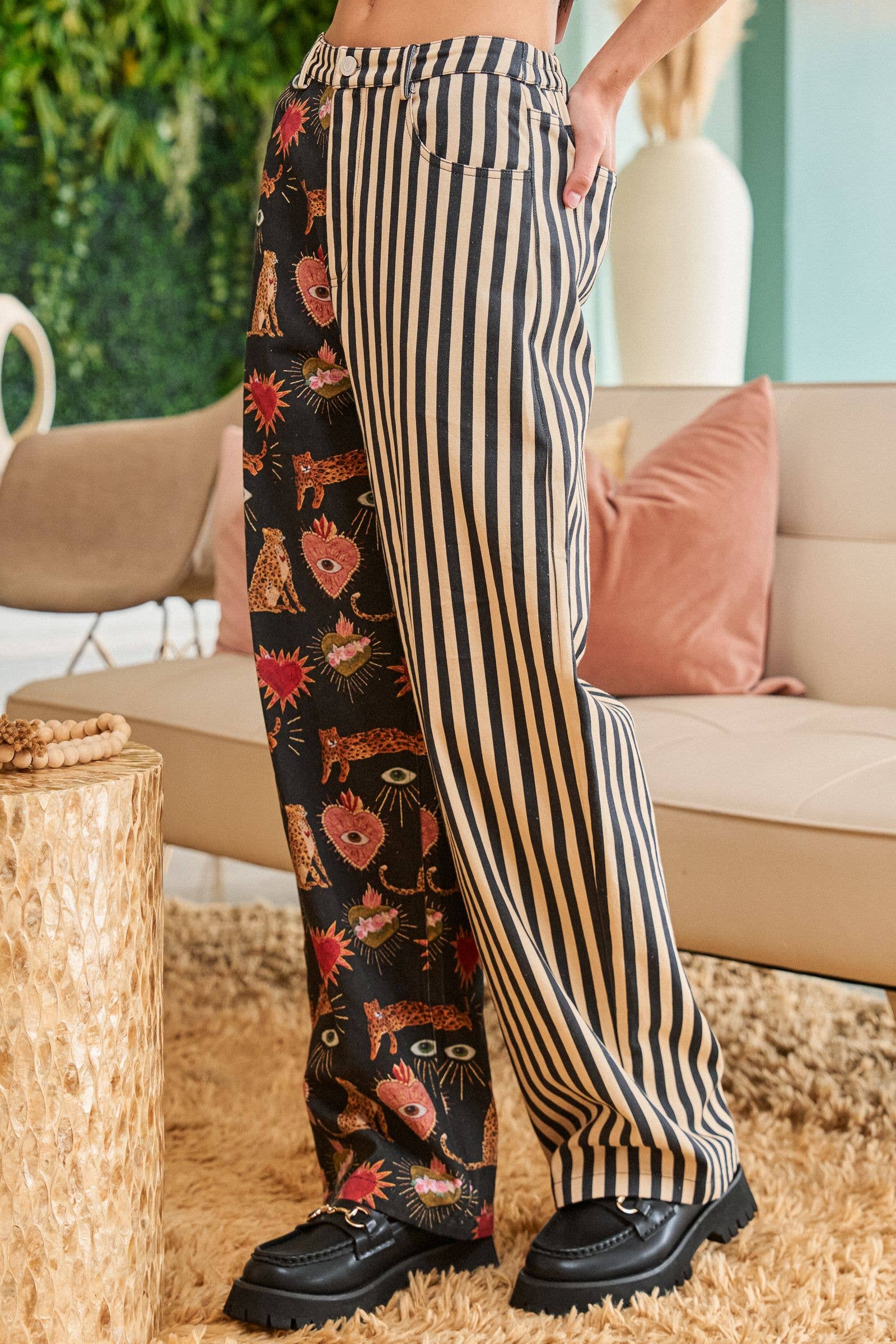 MIXED GRAPHIC & STRIPE WIDE LEG PANTS
