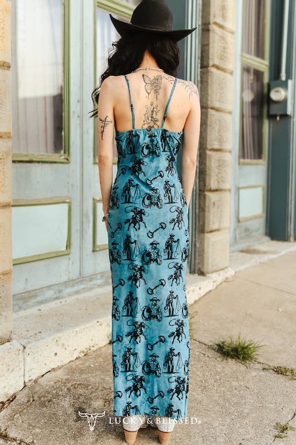 Teal Snaffle Western Burnout Spaghetti Strap Dress