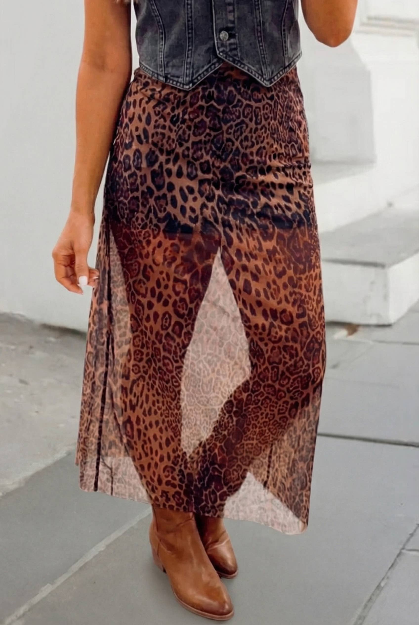 Leopard Print Sheer Maxi Skirt