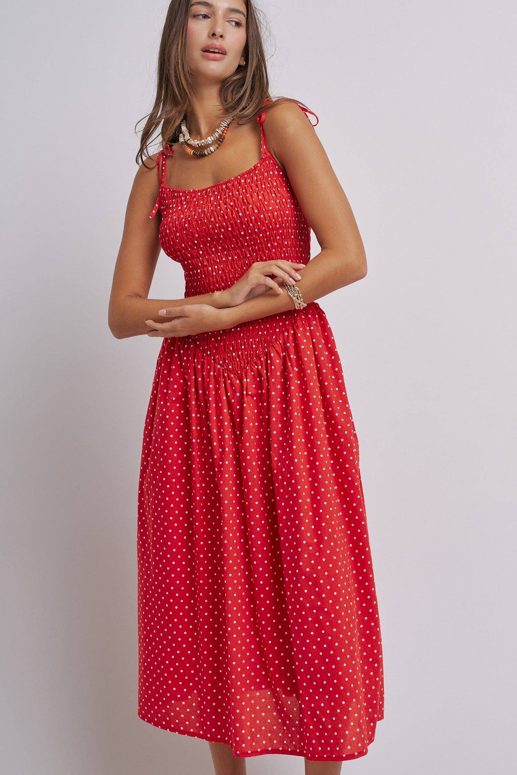 Polka Dot Smocked Cotton Midi Dress With Tie Straps