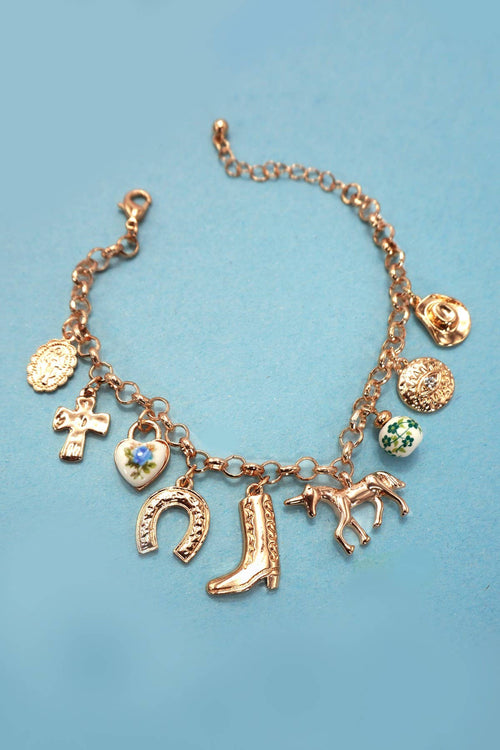 CHARM BRACELET - WESTERN BOOT CROSS PORCELAIN | 80B1345: GOLD